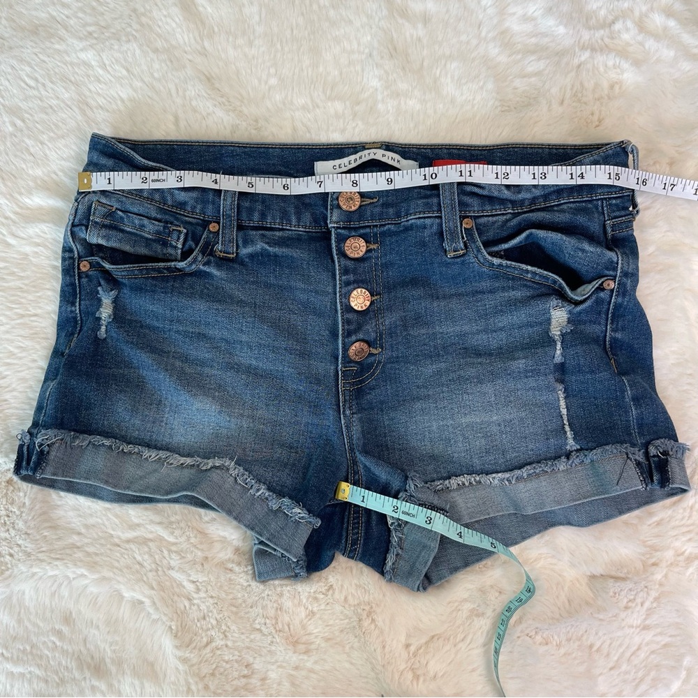 Celebrity Pink Blue Jean Shorts with Distressed Details